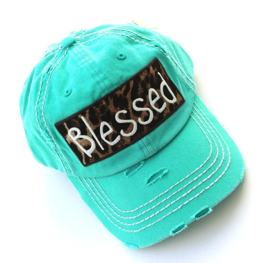 Blessed Leopard Print Aqua Green Womens Distressed Baseball KBETHOS Cap Hat